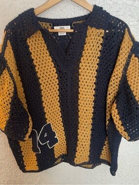 Zara Navy and Gold Knit Polo Shirt